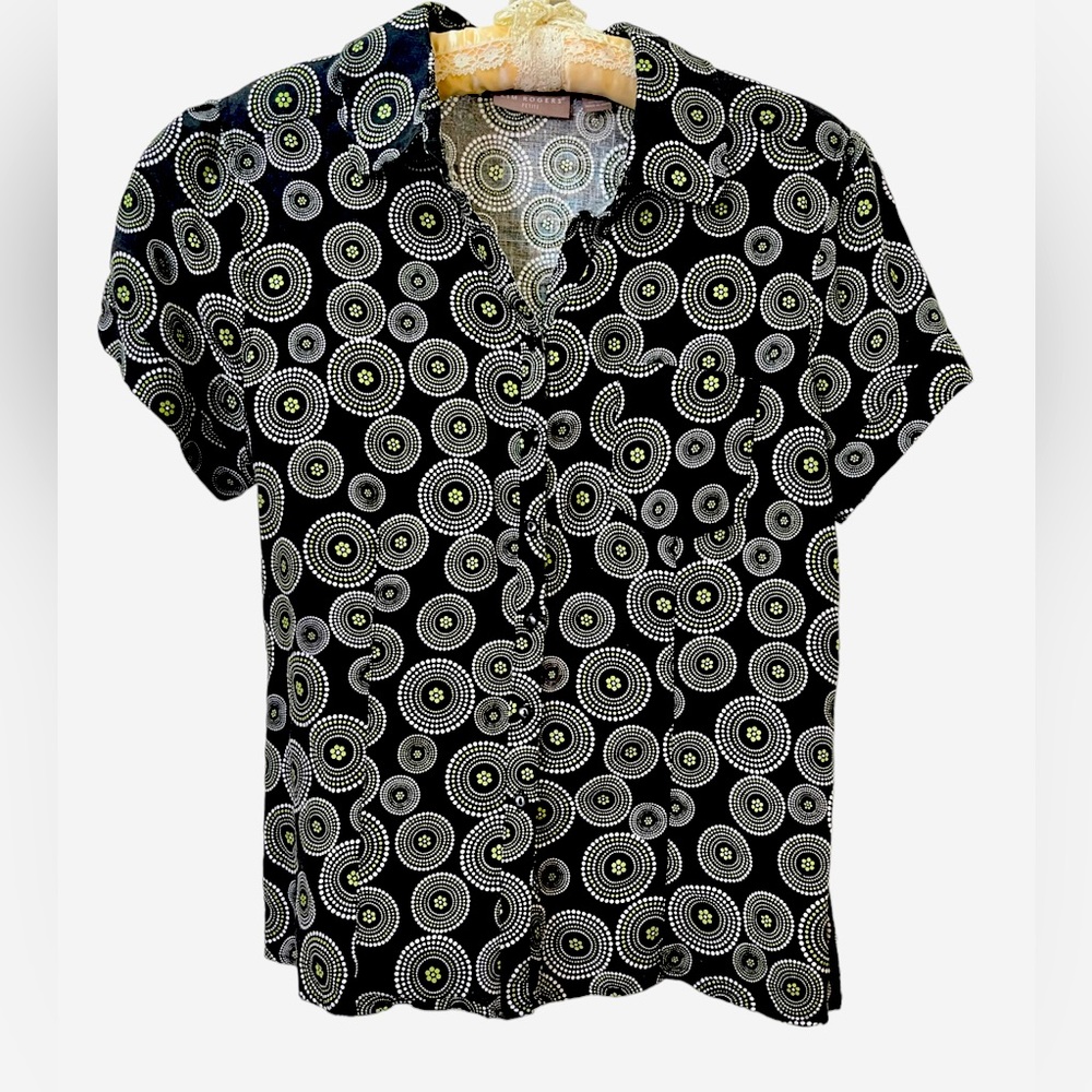 Kim Rogers Graphic Short-Sleeve Button Down, Size PM